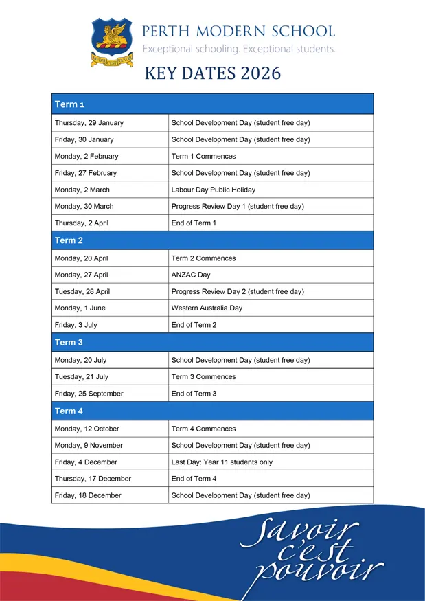 KEY DATES 2026 PERTH MODERN SCHOOL EXCEPTIONAL SCHOOLING EXCEPTIONAL STUDENTS